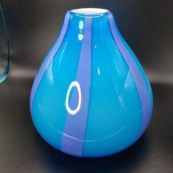 Pier One Blue with Purple Stripe Blown Art Glass Flower Vase 5" Modern - Picture 3 of 7